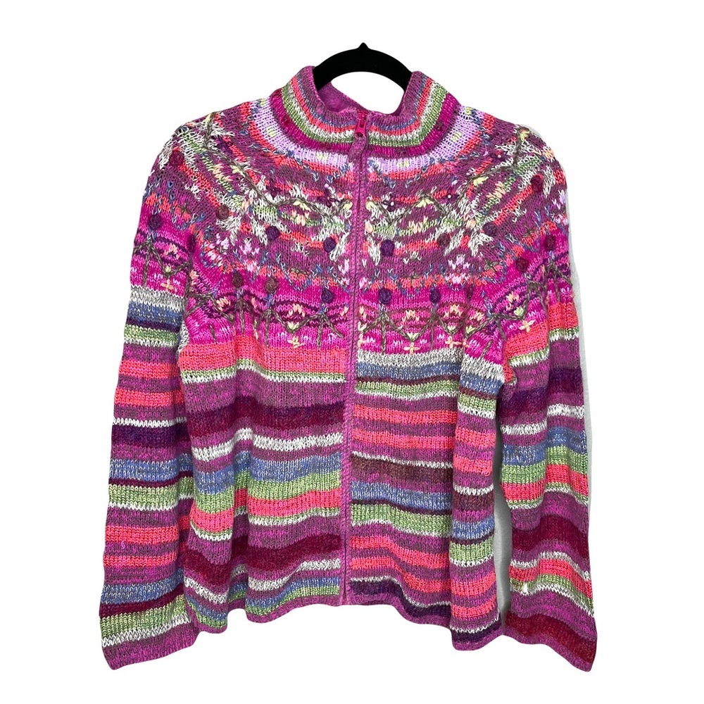 Vintage Pink Stripe Floral Embroidery Funky Full Zip Cardigan Sweater Womens L